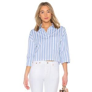 Kule The Keaton Crop Button Down Shirt white & sky blue size small